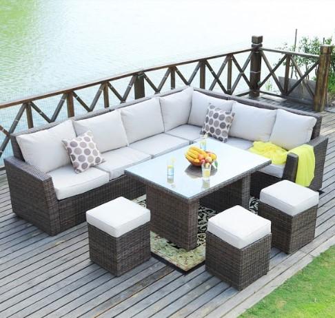 HomeRoots Furniture Outdoor Dining Set Brown HomeRoots Furniture - Brown 8-Piece Outdoor Sectional Set with Cushions (372321) | 180.96" x 33.54" x 34.71"