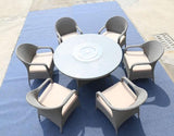 HomeRoots Furniture Outdoor Dining Set Gray HomeRoots Furniture - Gray 7-Piece Outdoor Round Table Dining Set with Cushion (372325) | 221.91" x 53.82" x 24.96"