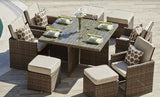 HomeRoots Furniture Outdoor Dining Set Home Roots Brown Wicker 9-Piece Square Outdoor Dining Set with Beige Cushions - 372319
