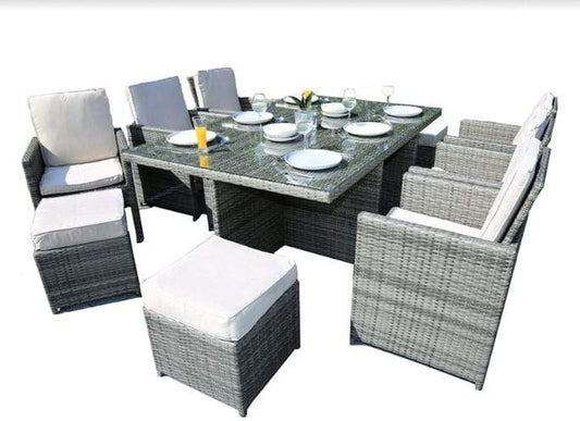 HomeRoots Furniture Outdoor Dining Set HomeRoots - Gray Wicker 11-Piece Outdoor Dining Set with Cushions and Wicker/Glass Top Table - 372320