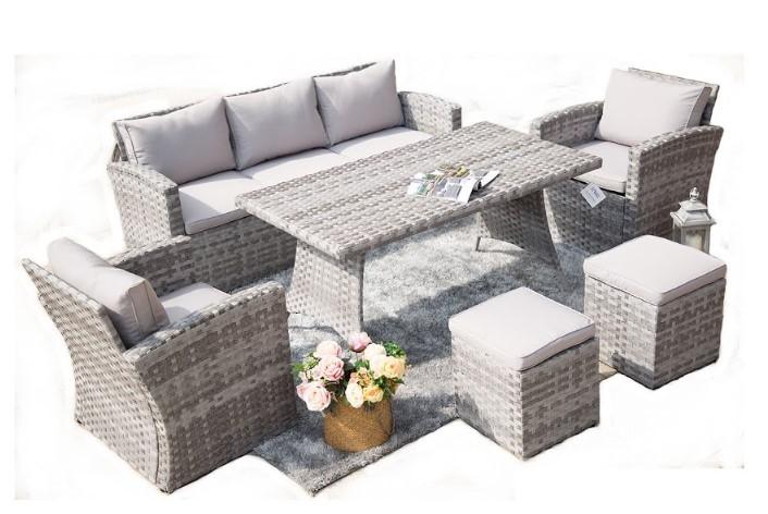 HomeRoots Furniture Outdoor Sectional Gray 142.74" X 19.89" X 31.98" Gray 6-Piece Steel Patio Furiture Outdoor Sectionals with Grey Cushions