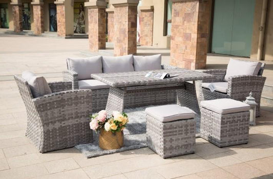 HomeRoots Furniture Outdoor Sectional Gray 142.74" X 19.89" X 31.98" Gray 6-Piece Steel Patio Furiture Outdoor Sectionals with Grey Cushions