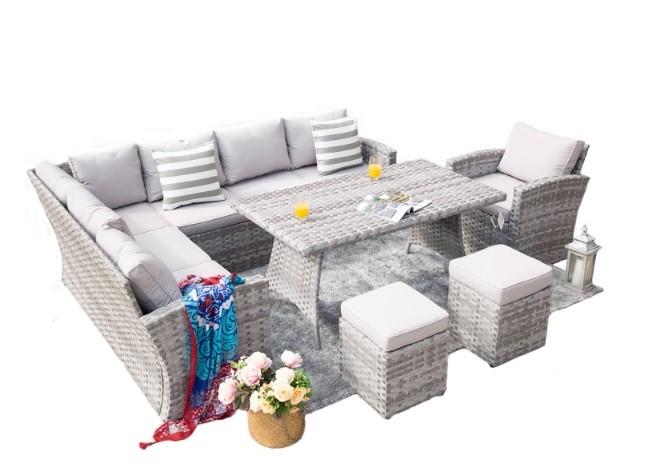 HomeRoots Furniture Outdoor Sectional Gray 145.08" X 31.98" X 32.37" Gray 6-Piece Wide Outdoor Sectional Set with Cushions and Ottomans