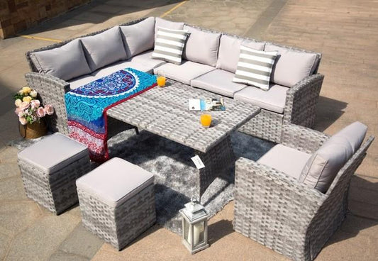 HomeRoots Furniture Outdoor Sectional Gray 145.08" X 31.98" X 32.37" Gray 6-Piece Wide Outdoor Sectional Set with Cushions and Ottomans