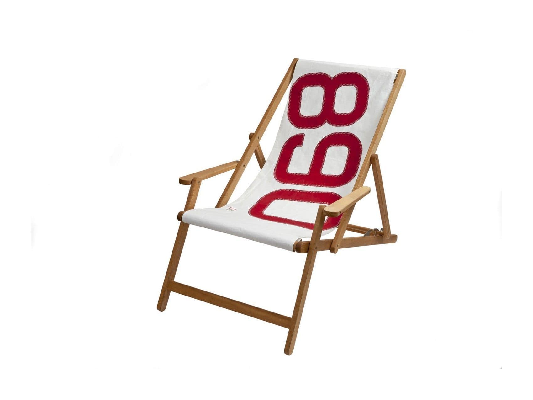 HomeRoots Outdoors Beach Chairs White and Red / Recycled Sailcloth 28.35" X 61.02" X 3.15" White Recycled Sailcloth Deck Chair Dacron Red 890