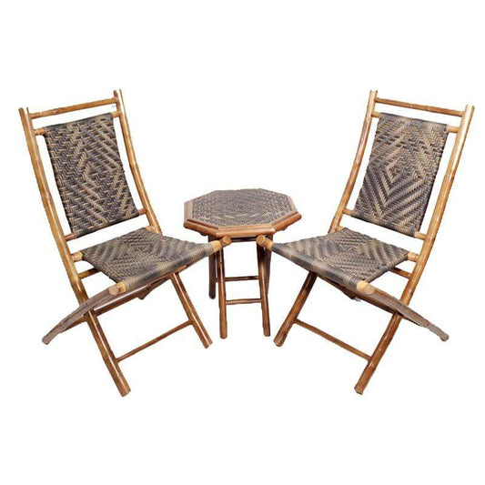 HomeRoots Outdoors Bistro Set Brown/Brown / Bamboo 36" Natural and Brown Bamboo Diamond Weave 2 Chairs and a Table Bistro Set