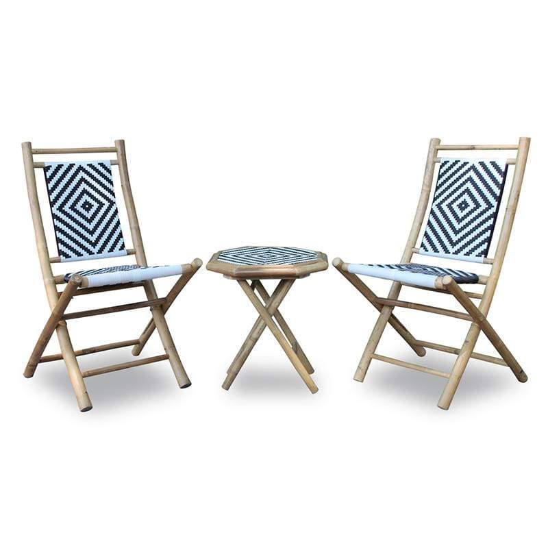 HomeRoots Outdoors Bistro Set Natural/Black & White / Bamboo 36" Natural Bamboo Black and White Diamond Weave 2 Chairs and a Table Bistro Set