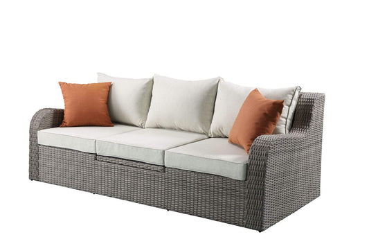 HomeRoots Outdoors Chaise Lounge Beige Fabric and Gray Wic / Synthetic Wicker, Glass, 82" X 36" X 30" 3Pc Beige Fabric And Gray Wicker Patio Sectional And Ottoman Set
