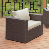 HomeRoots Outdoors Outdoor Chairs Gray And Ivory / Faux Rattan, Metal And Fabric Faux Rattan Arm Chair with Seat & Back Cushions, Gray And Ivory