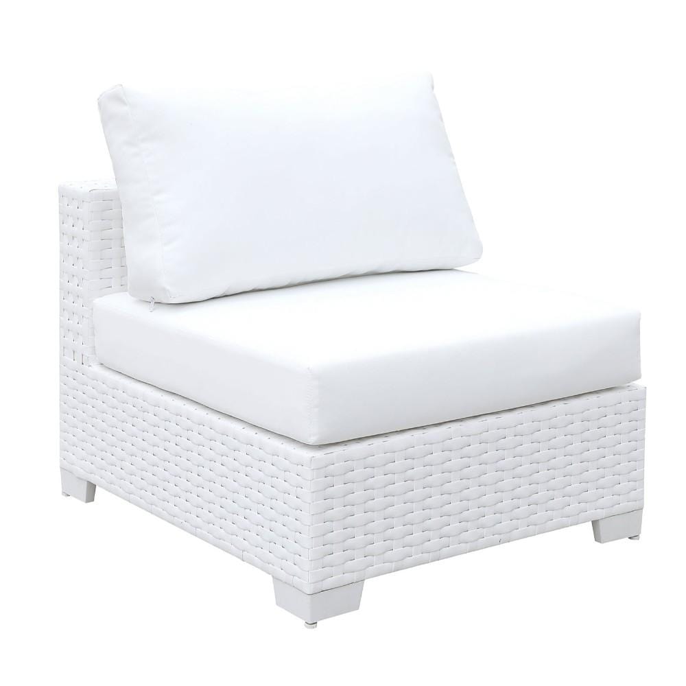 HomeRoots Outdoors Outdoor Chairs White / Aluminum, Fabric and Wicker Aluminum Framed Wicker Armless Chair with Fabric Upholstered Padded Seat, White