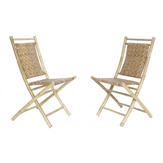 HomeRoots Outdoors Outdoor Folding Chairs Brown / Bamboo 36" Brown Bamboo Folding Chair with a Rattan Skin Chevron Weave