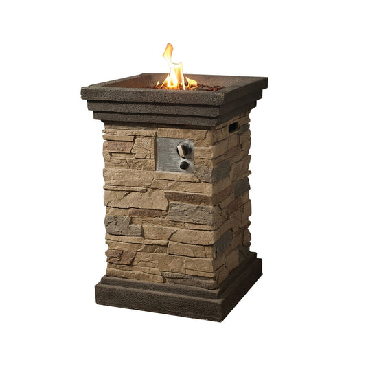 HomeRoots Outdoors Outdoor Furniture > Fire Pits Brown / MGO and Metal Square Outdoor Gas Fire Pit with Lava Rocks and Stone Cladding, Brown