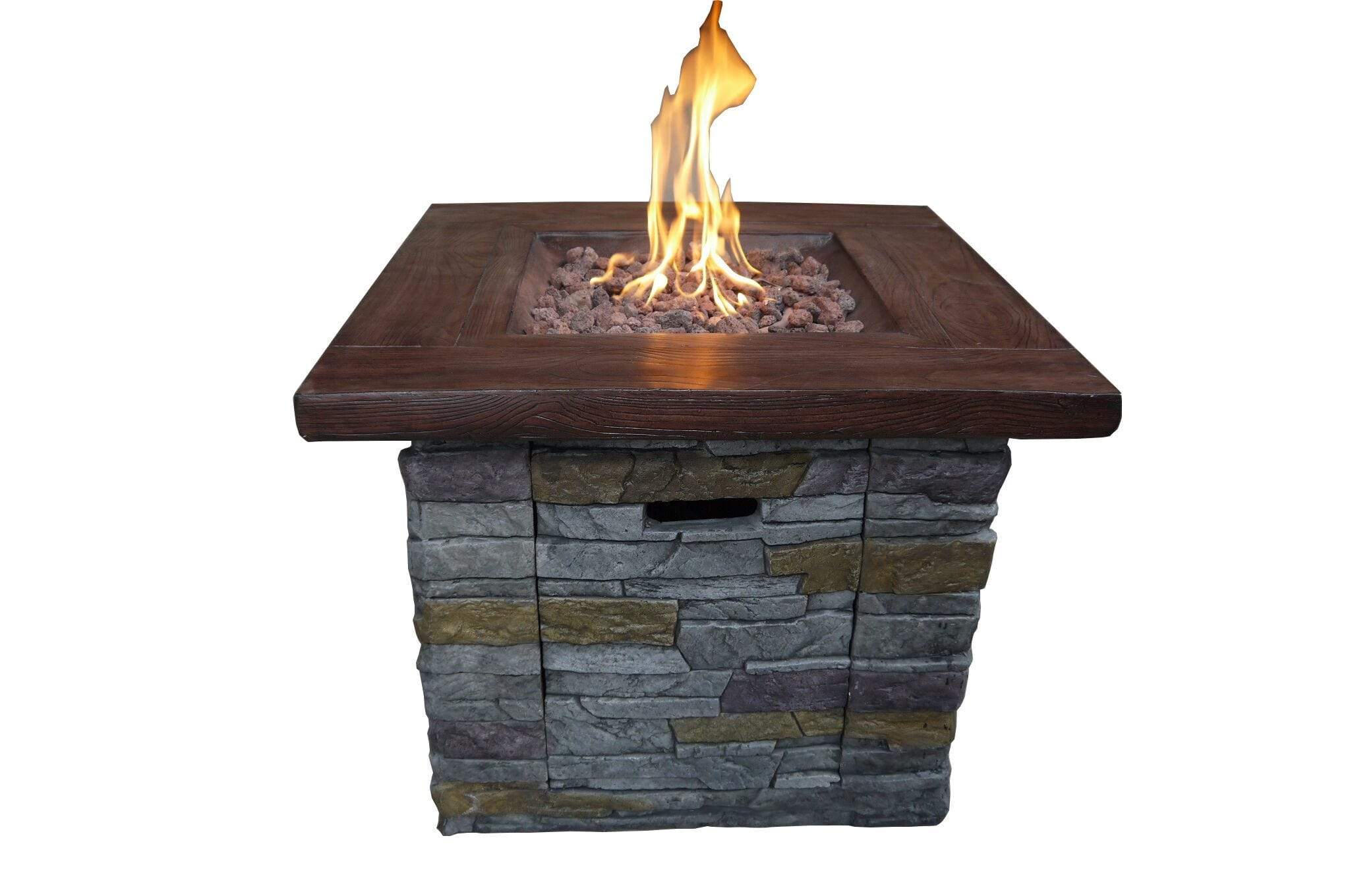 HomeRoots Outdoors Outdoor Furniture > Fire Pits Gray and brown / MGO and Metal Square Wood Look Gas Fire Pit with Stone Cladding, Gray and Brown