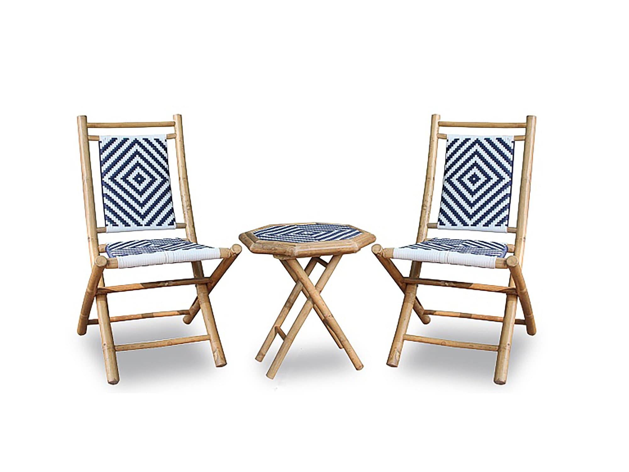 HomeRoots Outdoors Outdoor Furniture > Outdoor Furniture Set Natural/Navy Blue & White / Bamboo 21" Navy Blue and White Outdoor Conversation Set of 2 Chairs and a Table