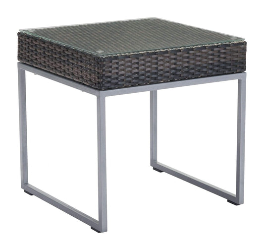 HomeRoots Outdoors Outdoor Furniture > Outdoor Tables Brown & Silver / Tempered Glass, Aluminum Frame, Synthetic Weave 22" x 22" x 22" Brown & Silver, Tempered Glass, Aluminum Frame, Synthetic Weave, Side Table