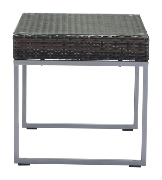 HomeRoots Outdoors Outdoor Furniture > Outdoor Tables Brown & Silver / Tempered Glass, Aluminum Frame, Synthetic Weave 22" x 22" x 22" Brown & Silver, Tempered Glass, Aluminum Frame, Synthetic Weave, Side Table