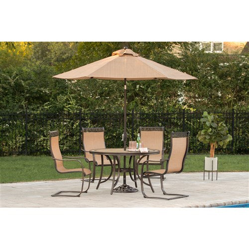 Hanover - Monaco 5-piece Outdoor Dining Set with 4 Sling Spring Chairs and a 51-In. Round Tile Top Table, Umbrella - MONDN5PCSP-SU