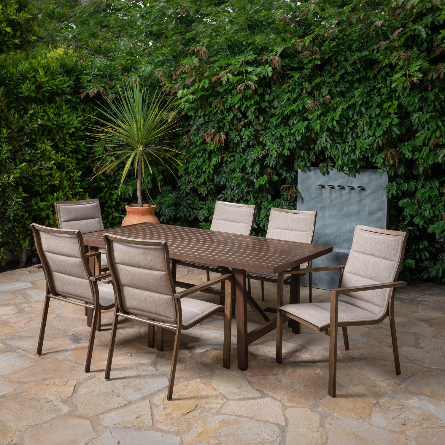 Fairhope 7-Piece Outdoor Dining Set with 6 Padded Contoured-Sling Chairs and a 74-In. x 40-In. Trestle Table, Tan