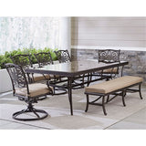 Hanover Traditions 7-Piece Outdoor High-Dining Set With 5 Swivel Rockers, Backless Bench, 42x84" Glass Top Table - Tan/Glass - TRADDN7PCSW5GBN-TAN