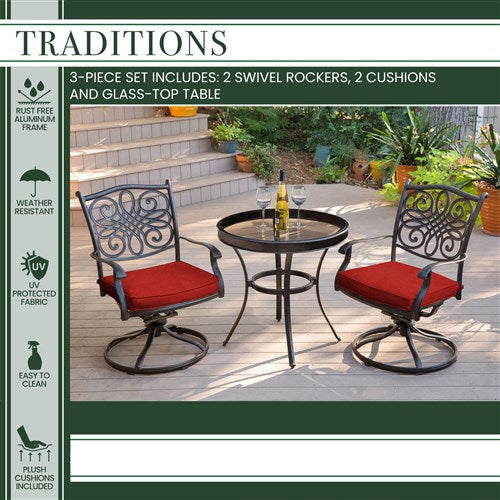 Hanover - Traditions 3-Piece Outdoor Dining Set With 2 Swivel Rockers, 30-In. Round Glass Top Table - Red/Glass - TRADDN3PCSWG-R