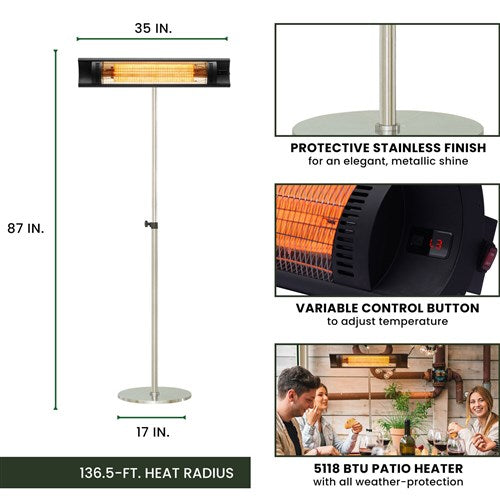 Hanover 35-In. Infrared Outdoor Electric Heater with Pole Stand | Warms up to 136.5 Sq. Ft. | 900W, 1200W, 1500W | Modern Heater Perfect for Patios, Porches, Garages, and Workshops - Black - HAN1025IC-SD