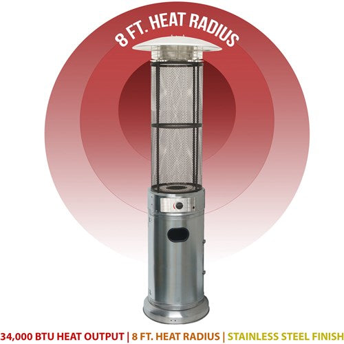 Hanover - Patio Heaters With Cylinder flame glass patio heater, 6' tall, propane, 34,000 BTU - Stainless steel - HAN030SSCLL