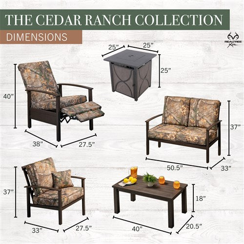 Hanover - Cedar Ranch 7 piece Fire Pit Chat Set With 2 Chairs, Loveseat, Coffee Table, 2 Recliners, Fire Pit - Camouflage/Dark Brown - CDRNCH7PCFP-CMO