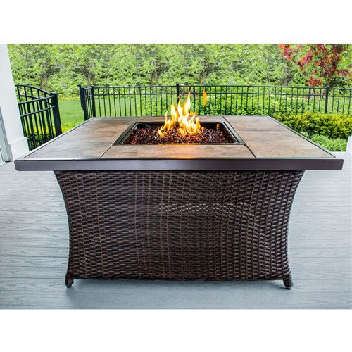 Hanover - Gas Fire Pit With Hanover Woven Coffee Table Fire Pit with Porcelain Tile Top and Lid - Brown/Porcelain Tile Top - COFFEETBLFP-TILE
