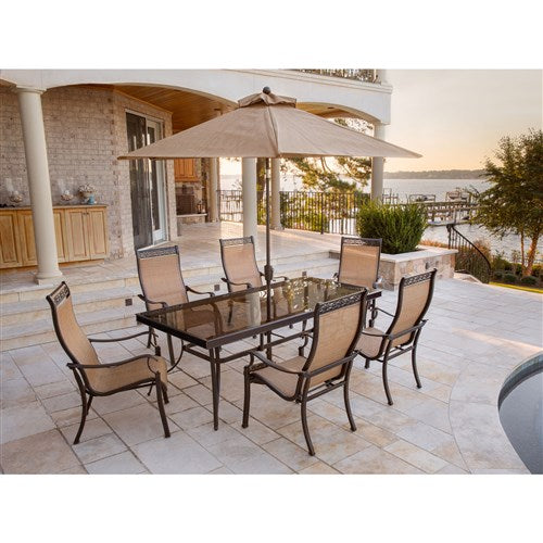 Hanover - Monaco 7-piece Outdoor Dining Set with 6 Sling Dining Chairs and a 42 x 84-In. Glass Top Table, Umbrella, Base - MONDN7PCG-SU