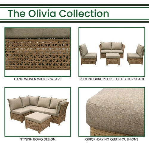 Hanover - Olivia 5-Piece Conversation Set With  Seating Set with 2 Corners, 2 Armless Chairs, Ottoman - Tan/Grey - OLIVIA5PC-TAN