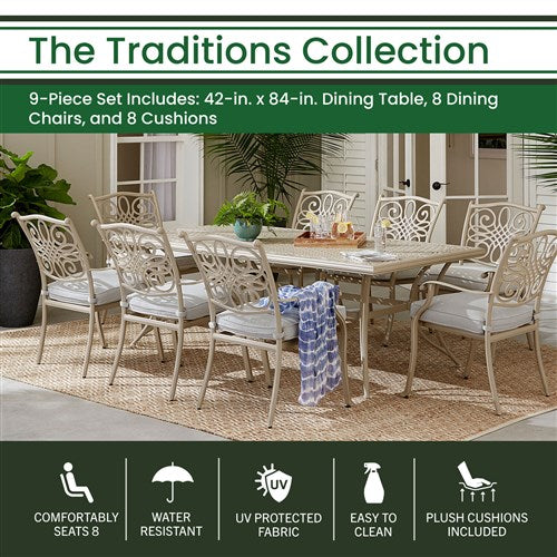 Hanover - Traditions 9-Piece Outdoor High-Dining Set With 8 Dining Chairs, 42"x84" Cast Table - Sand/Beige - TRADDNS9PC-BE