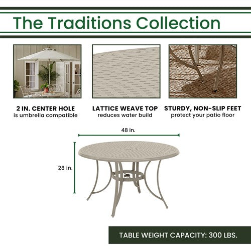 Hanover - Traditions 5-Piece Outdoor High-Dining Set With 4 Dining Chairs, 48" Round Cast Table - Sand/Beige - TRADDNS5PC-BE