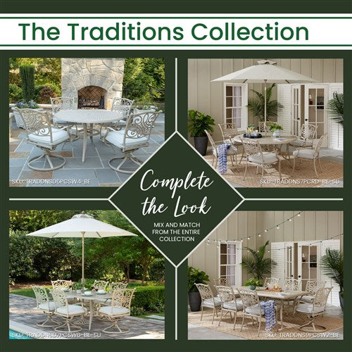 Hanover - Traditions 7 Piece Outdoor High-Dining Set With 6 Dining Chairs, 38"x72" Cast Table, Umbrella & Base - Sand/Beige - TRADDNS7PC-BE-SU