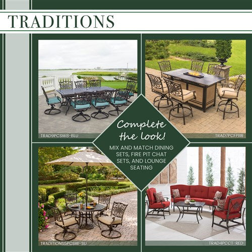 Hanover Traditions 7-Piece Outdoor High-Dining Set With 5 Swivel Rockers, Backless Bench, 42x84" Glass Top Table - Tan/Glass - TRADDN7PCSW5GBN-TAN