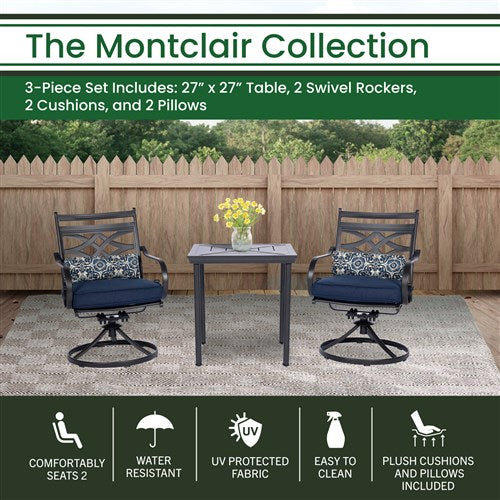 Hanover - Montclair 3-piece Outdoor Dining Set with 2 Swivel Rockers and a 27-In. Square Bistro Table - Navy blue - MCLRDN3PCSW2-NVY