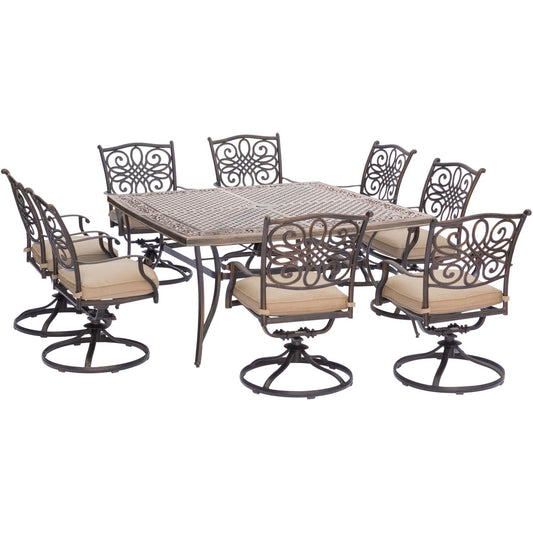 Hanover - Traditions 9-Piece Aluminium Frame Dining Set in Tan with Large 60 In. Square Cast-Top Dining Table | TRADDN9PCSWSQ-8