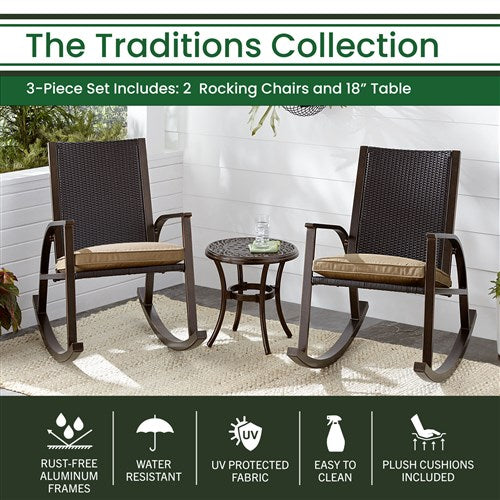 Hanover Traditions 3-Piece Rocking Chair Set, 2 Rocker Chairs and Cast Round Side Table, Aluminum Frame Wicker Back, Comfortable Plush Cushion, Rust-Resistant - TRADWB3PCRKR-TAN