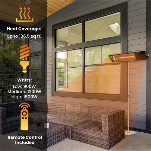 Hanover 35-In. Infrared Outdoor Electric Heater with Pole Stand | Warms up to 136.5 Sq. Ft. | 900W, 1200W, 1500W | Modern Heater Perfect for Patios, Porches, Garages, and Workshops - Black - HAN1025IC-SD