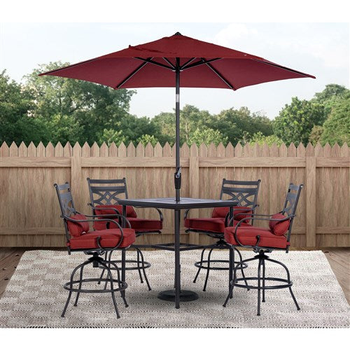 Hanover - Montclair 5-piece Outdoor Dining Set with 4 Swivel Chairs and a 33-In. Sq High Table, Umbrella & Base - Red - MCLRDN5PCBR-SU-C