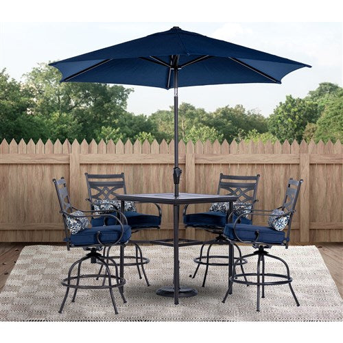 Hanover - Montclair 5-piece Outdoor Dining Set with 4 Swivel Chairs and a 33-In. Sq High Table, Umbrella and Base- Navy Blue - MCLRDN5PCBR-SU-N