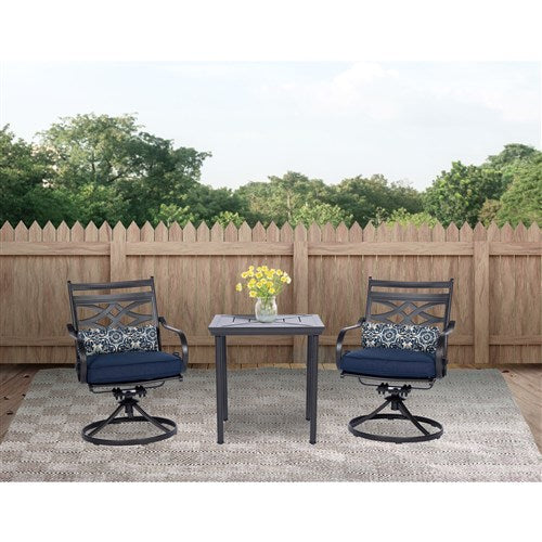 Hanover - Montclair 3-piece Outdoor Dining Set with 2 Swivel Rockers and a 27-In. Square Bistro Table - Navy blue - MCLRDN3PCSW2-NVY