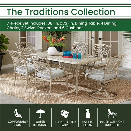 Hanover - Traditions 7-Piece Outdoor High-Dining Set With 2 Swivel Rockers, 4 Dining Chairs, 38"x72" Cast Table - Sand/Beige - TRADDNS7PCSW2-BE