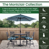 Hanover - Montclair 5-piece Outdoor Dining Set with 4 Swivel Chairs and a 33-In. Sq High Table, Umbrella & Base - Blue - MCLRDN5PCBR-SU-B