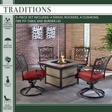 Hanover Traditions 5-Piece Fire Pit Chat Set with 4 Swivel Rockers in Autumn Berry Red with a 40,000 BTU Fire Pit Table - Hanover TRAD5PCSQSW4FP-RED
