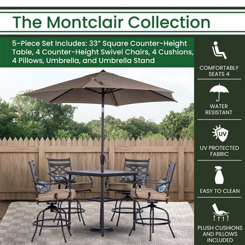 Hanover - Montclair 5piece Outdoor Dining Set with 4 Swivel Chairs and a 33-In. Sq High Table, Umbrella & Base - Dark brown - MCLRDN5PCBR-SU-T