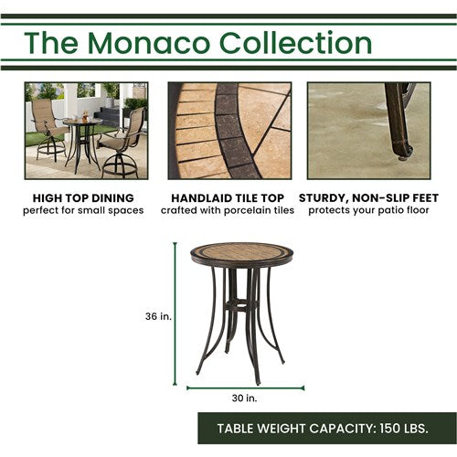 Hanover Monaco 3-piece 2 Cush Swivel Counter Height Chairs, 30" Tile Top Table (36"H) - Outdoor Dining Set - MONDN3PCSW-BR