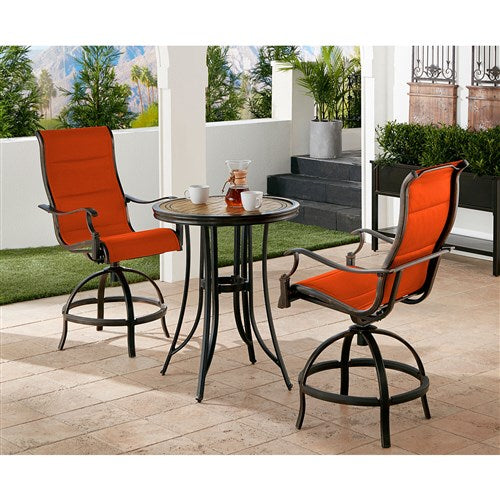 Hanover - Monaco 3-piece Outdoor Dining Set with 2 Padded Swivel Counter Height Chairs and a 30-In. Round Tile Table - Red/Bronze - MONDN3PCPDBR-C-RED