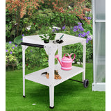 Hanover Galvanized Steel Portable Multi-Use Two-Tier Trolley, Rolling Cart - Outdoor Garden Potting Table Work Bench, White