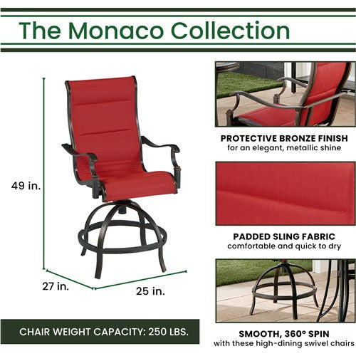 Hanover - Monaco 3-piece Outdoor Dining Set with 2 Padded Swivel Counter Height Chairs and a 30-In. Tile Table, Umbrella, Base - Red/Bronze - MONDN3PCPDBRC-SU-R