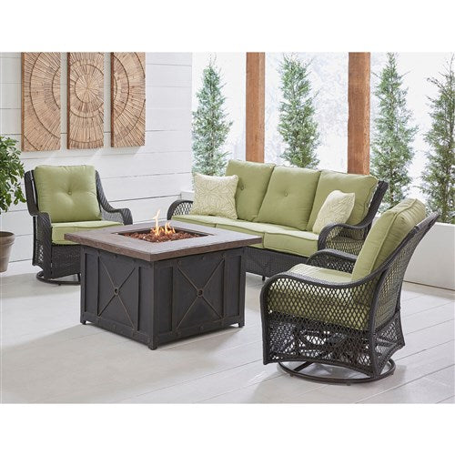Hanover - Orleans 4-Piece Fire Pit Chat Set With Sofa, 2 Swivel Gliders, and Durastone Fire Pit - Green/Bronze - ORL4PCDFPSW2-GRN